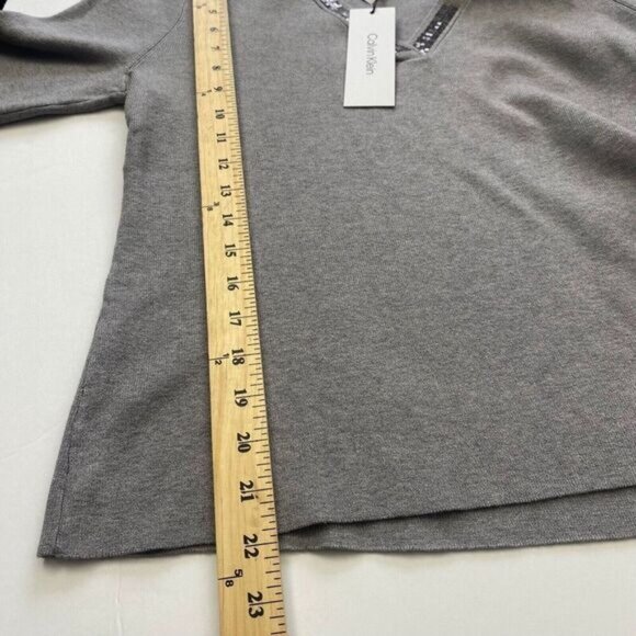 Calvin Klein Women's Shirt V-Neck Long Sleeve Sequin Collared Gray Size M New - Picture 7 of 14
